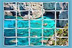 Composition series of small photographs forming a large panoramic image of rocky beach and caves in Zakynthos, Greece.