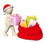 Puppet, stacking christmas gifts in a bag. Isolated over white