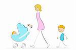 illustration of mother walking with her son and baby in pram