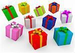 3d blue red gold pink green purple gift box isolated on white background