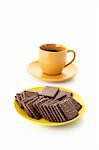 Chocolate cookie and cup of coffee isolated on white