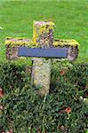 crosses at cemetery in autumn mist stone tombstones