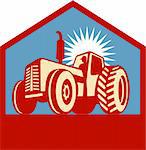 Imagery shows a retro styled tractor silhouette viewed form a low angle enclosed in a chevron. Done in three (3) colors.