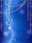 Festive blue Christmas background with stars, snow flakes, baubles and grunge elements.