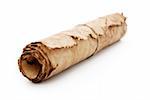 Roll of old vintage parchment tied with a rope. Isolated ower white background.