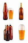 Beer in bottles, glass, set. Isolated on white. Clipping path.