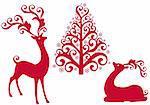 red reindeer with ornamental christmas tree, vector background