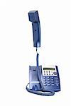 Modern blue business office telephone isolated on a white background.