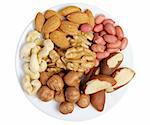 Peanuts, cashews, almonds, walnuts, Brazil nuts and hazelnuts on a white background, isolated
