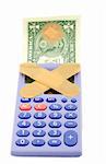 Financial crisis concepts , band-aid calculator dollars . isolated on white background