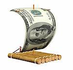 Wooden raft with a sail from a dollar. Isolated over white