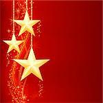 Festive red golden Christmas background with golden stars, snow flakes and grunge elements.