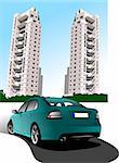 Dormitory and green car sedan. Vector illustration