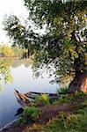 sunken old wooden boat in summer lake