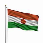 Flag of Niger with flag pole waving in the wind over white background