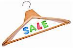 Clothing Sale Concept with Wooden Hanger and the Word SALE.  Isolated on White with a Clipping Path.