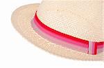 Straw Hat Border Image Close Up of Hat with Pink Ribbon Isolated on White with a Clipping Path.