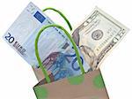 Money and a Gift Bag Symbolize a Gift Giving Budget Concept.  Isolated on White with a Clipping Path.