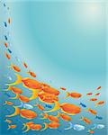 an illustration of a shoal of exotic fish in deep blue water