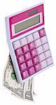 Pink calculator with money isolated on a white background with a clipping path.