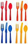 Four Sets of Vibrant Plastic Forks, Knives and Spoons in Red, Orange, Yellow and Blue.  Isolated on White with a Clipping Path.