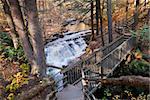 Autumn creek with hiking trail and rocks in woods with colorful foliage.