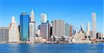 New York City Manhattan skyline panorama in the morning with skyscrapers over Hudson River with blue sky.