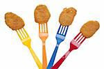 Kid Friendly Chicken Nuggets on Bright Plastic Forks for a Fun Snack.
