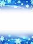 white blue christmas background with crystal snowflakes, stars and curves