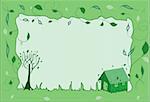 Vector spring frame with green sprouts on house and tree and with leaves and heart-like curls on background