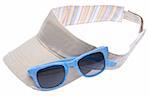 Neutral colored sun visor with bright blue sunglasses isolated on white with a clipping path.