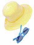 Yellow hat with blue sunglasses perfect for a summer day at the beach.  Isolated on white with a clipping path.