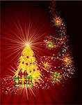 Fairy golden christmas tree with gifts on a dark red background. Vector eps10 illustration