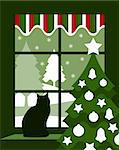 vector Christmas tree and cat at window, Adobe Illustrator 8 format