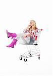 beautiful woman  with  cart over white background