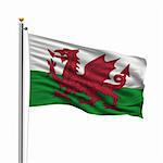 Flag of Wales with flag pole waving in the wind over white background