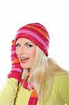 Seasonal portrait of pretty funny woman in hat and gloves smiling. white background