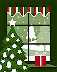 vector Christmas tree and gift at window, Adobe Illustrator 8 format