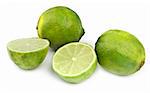 four lime fruit on white background, small natural shadow in front