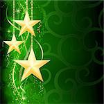 Festive dark green Christmas background with golden stars, snow flakes and grunge elements.