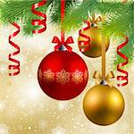 christmas background with red and golden baubles and fir tree