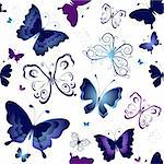 Seamless white pattern with blue and violet butterflies (vector)