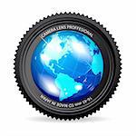 Zoom the World! Vector illustration of camera lens with Globe