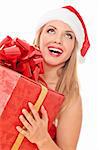 Cheerful santa helper girl with gift box. Isolated over a white background.