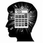 illustration of creative man's mind with calculator on white background