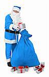Santa claus in blue costume gives a present on white background