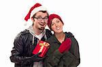 Warm Attrative Young Couple with Holiday Gift Isolated on a White Background.