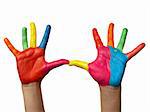 close up of child  hands painted with watercolors, on white background with clipping path