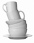 close up of stack of white ceramic dishes on white background with clipping path