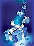 Flying christmas gift boxes with with blue magical  background